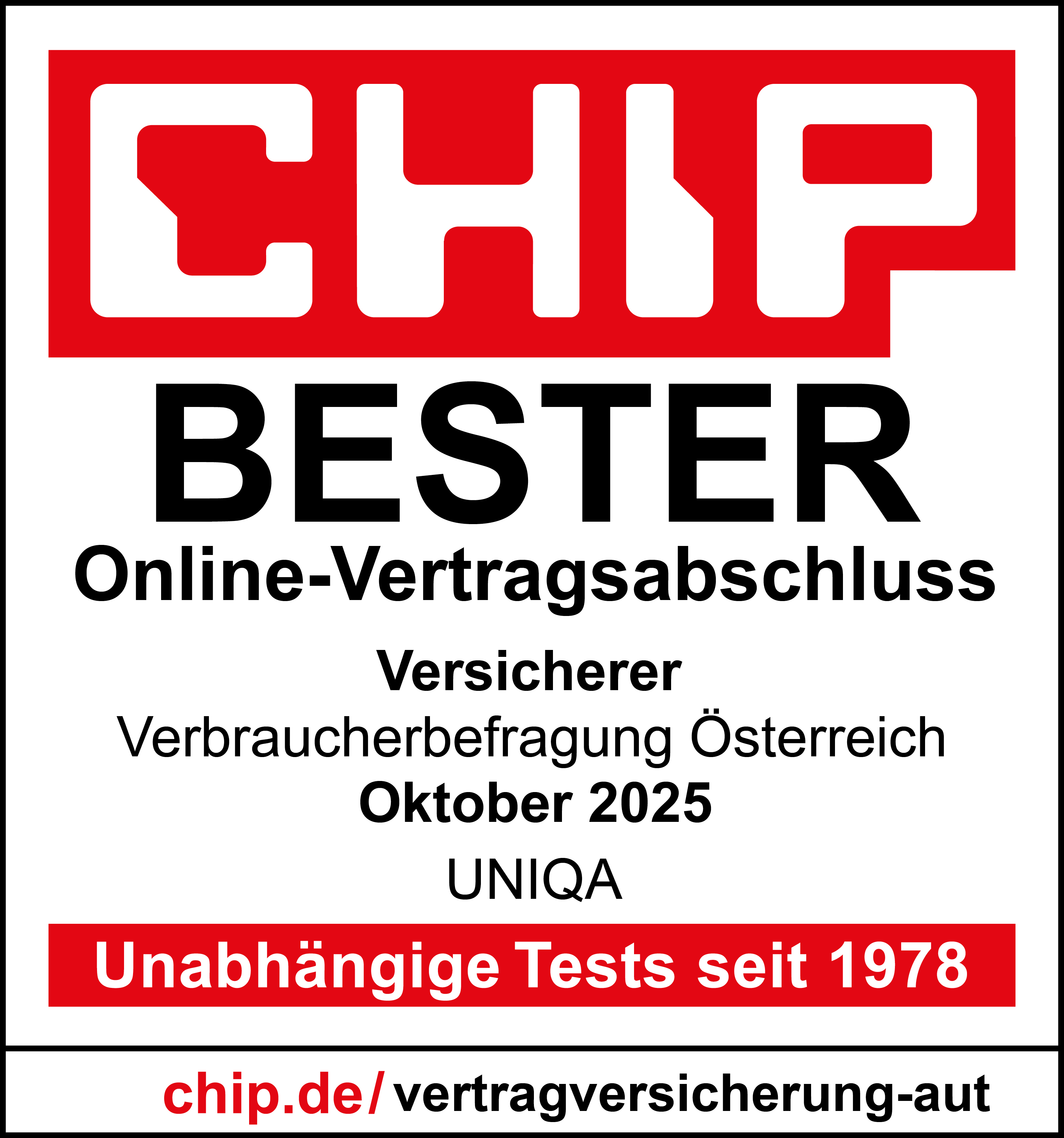 Gütesiegel CHIP mit rotem Logo und der Aufschrift: Bester Online-Vertragsabschluss -- Versicherer -- Verbraucherbefragung Österreich -- Oktober 2025 -- UNIQA.